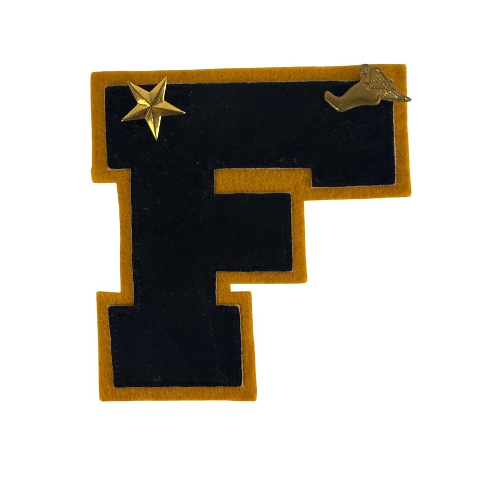 Vintage Varsity Letter F Patch Chenille Felt Black Gold Track Star Winged‎ Foot